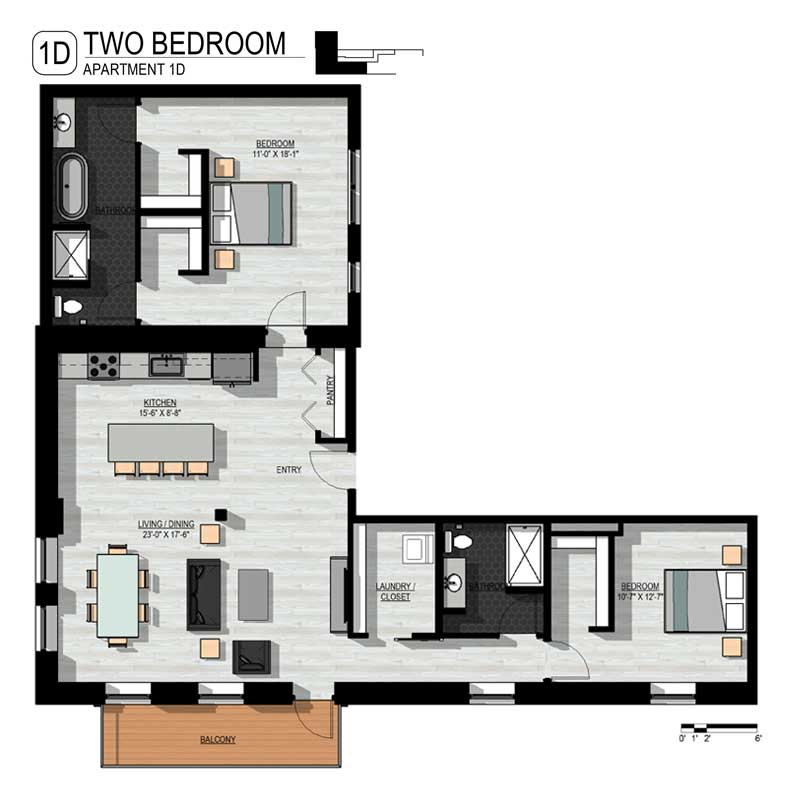 L shaped 2 Bedroom Floor Plan